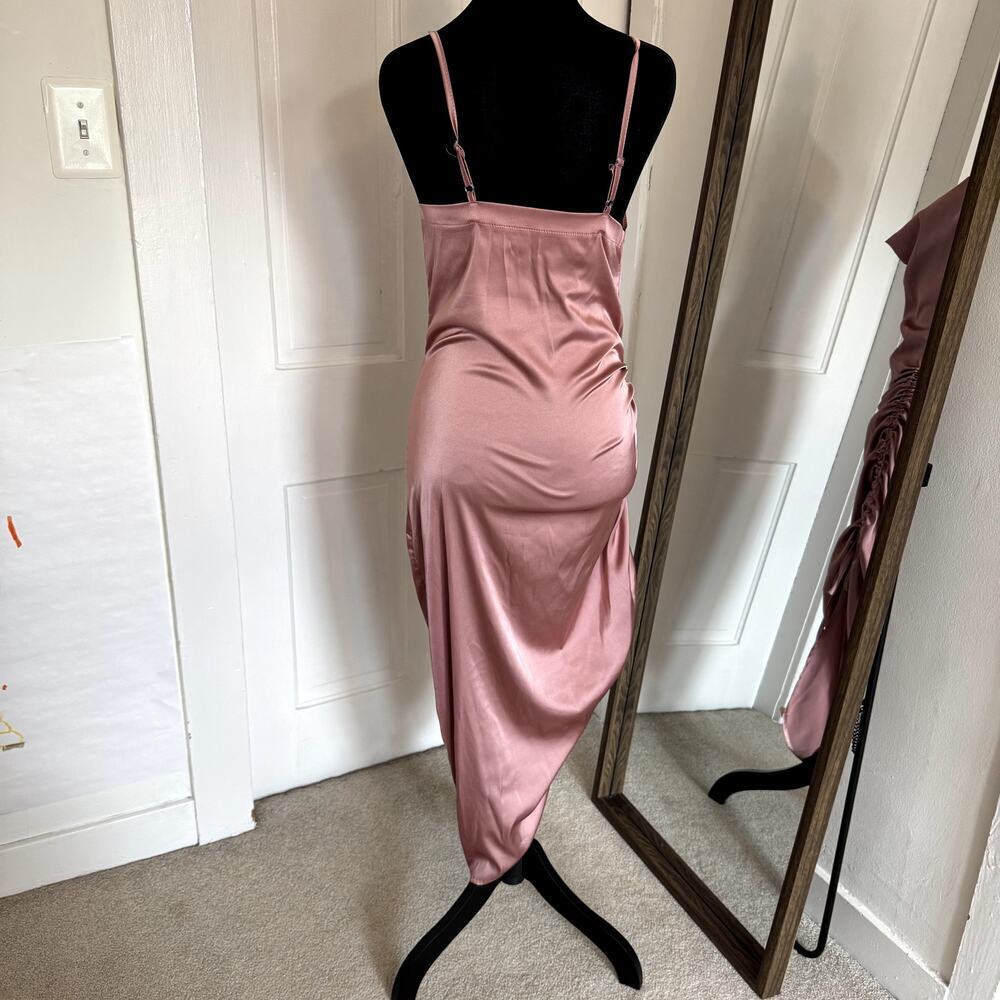Satin Silky Dusty Rose Midi Dress with Side Ruching Women's Size Medium - Picture 2 of 5